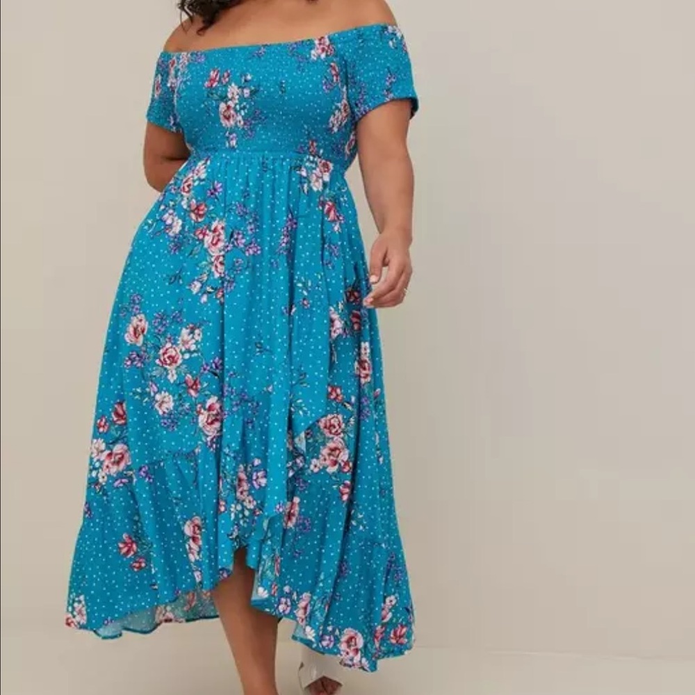 torrid Teal Floral High-Low Off-Shoulder Dress